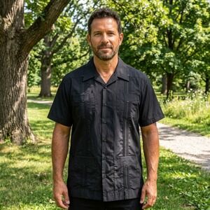 Romani Guayabera Style Men's Shirt, Short Sleeves, Button Down, Black, Size XL
